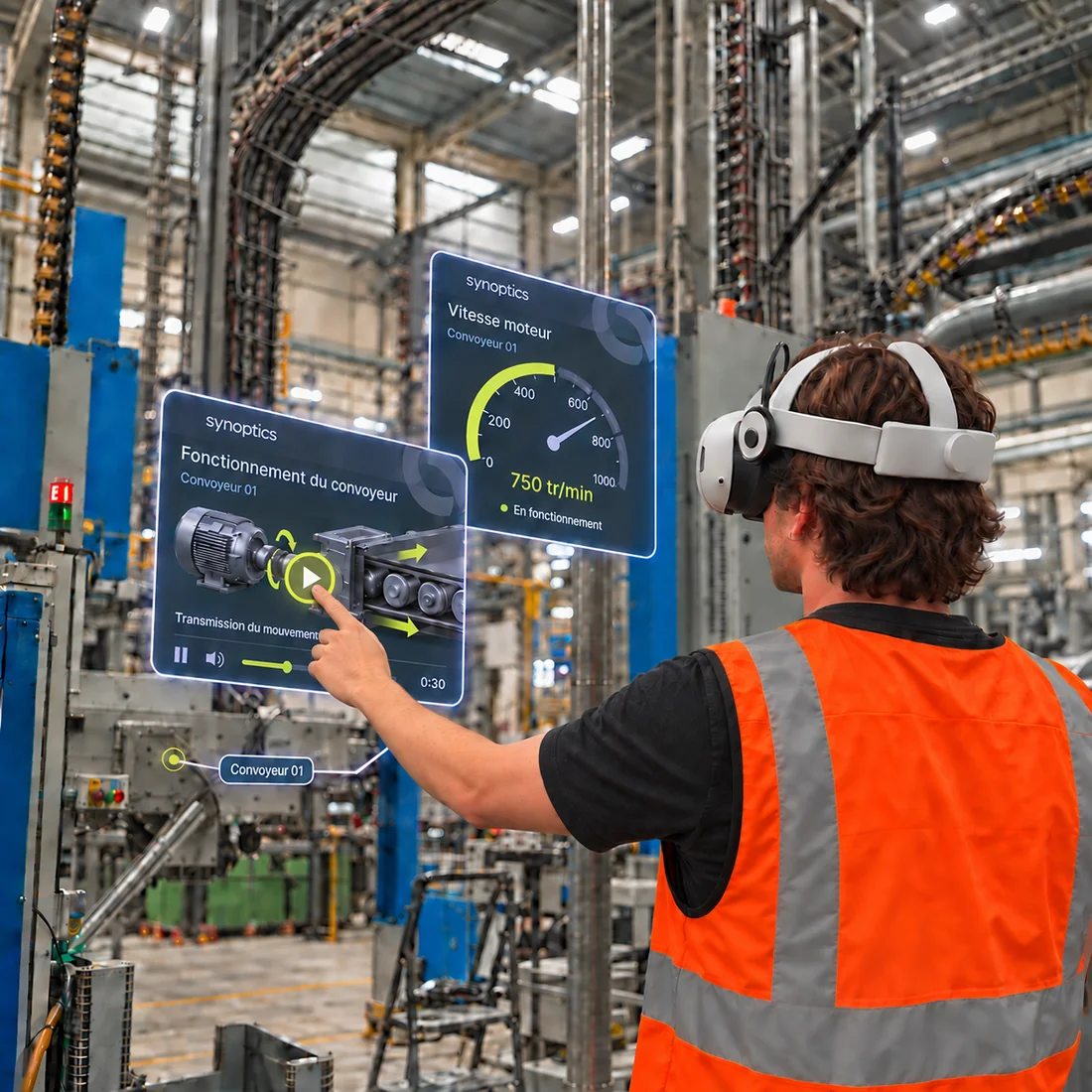 Opérateur chez Smart Blueding & France Routage interagissant avec les données du convoyeur en réalité augmentée